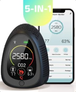 NEW ACCU - 5 In 1 Infrarood CO2-meter + Smart App - Koppel Apparaten & Ruimtes - Luchtkwaliteitsmeter Met Rooksensor & Brandalarm - Draagbaar & Oplaadbaar - Temperatuur & Luchtvochtigheid - Binnen & Horeca - Zwart