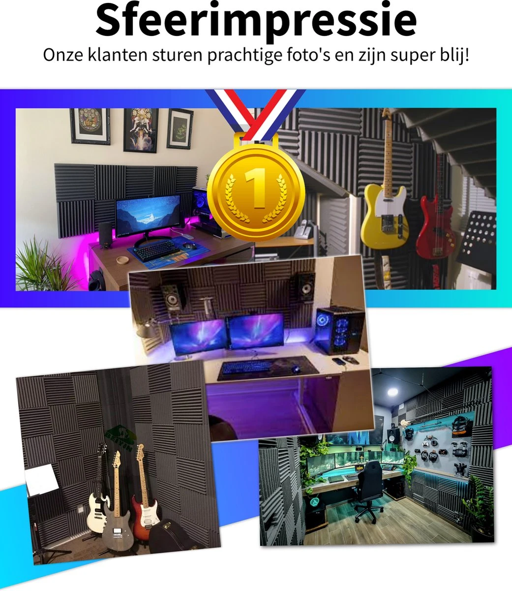 What's Goods® Akoestische Foam Panels 30x30x5cm Set X12 Tegels - Muur Studio Noppenschuim Absorptieplaten / Geluidsisolatie Panelen Zwart + GRATIS 48x Bevestigingstickers 4 What's Goods® Akoestische Foam Panels 30x30x5cm Set X12 Tegels - Muur Studio Noppenschuim Absorptieplaten / Geluidsisolatie Panelen Zwart + GRATIS 48x Bevestigingstickers - Afbeelding 2