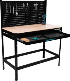 VONROC Duurzaam Rubberhout Werkbank / Werktafel - Met Stalen Gatenwand En Lade – Belastbaar Tot 130kg – Incl. 15-delige Hakenset -Makita Winkel 1046x1200 9