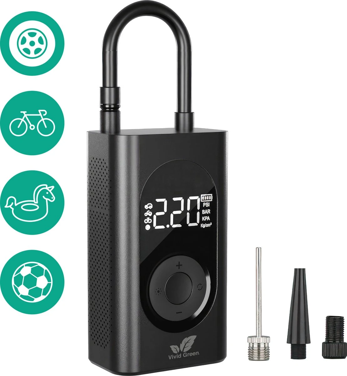 Vivid Green Fietspomp - Elektrische Fietspomp - Bandenpomp - Voetbalpomp - Fietspomp Elektrisch - Bandenspanningsmeter 3 Vivid Green Fietspomp - Elektrische Fietspomp - Bandenpomp - Voetbalpomp - Fietspomp Elektrisch - Bandenspanningsmeter