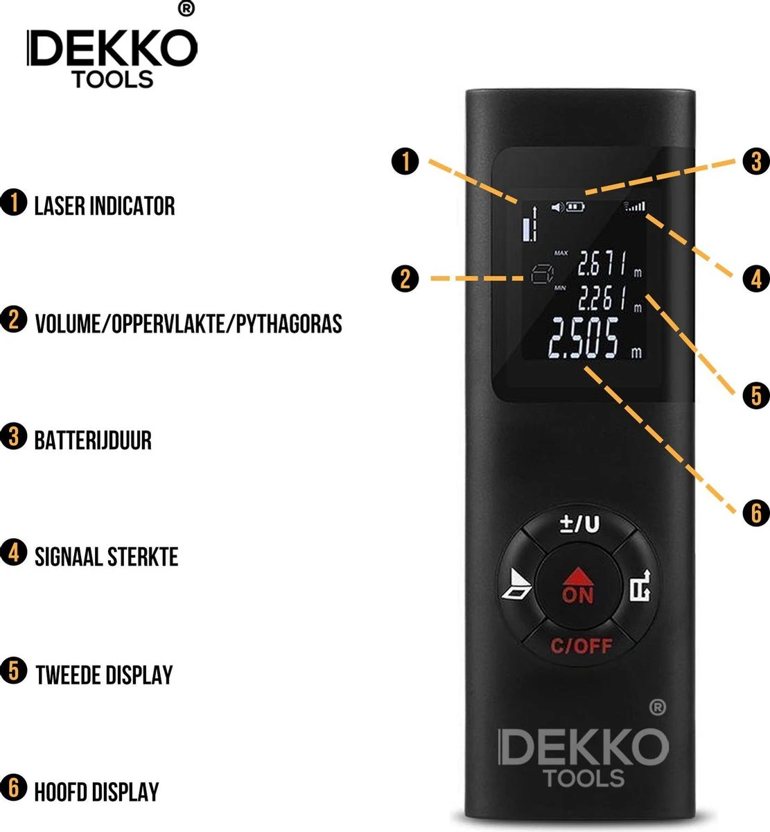 Dekko Tools Professionele Laser Afstandsmeter - 40 Meter Bereik - USB Oplader 4 Dekko Tools Professionele Laser Afstandsmeter - 40 Meter Bereik - USB Oplader - Afbeelding 2