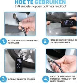 Vulpes Tech® 6-in-1 Compressor Bandenpomp - Elektrische Fietspomp Met Touchscreen - Voor Auto, Scooter, Fiets, Bal En Luchtbed - Inclusief 7 Opzetstukken, Zaklamp & Reistas -Makita Winkel 1112x1200