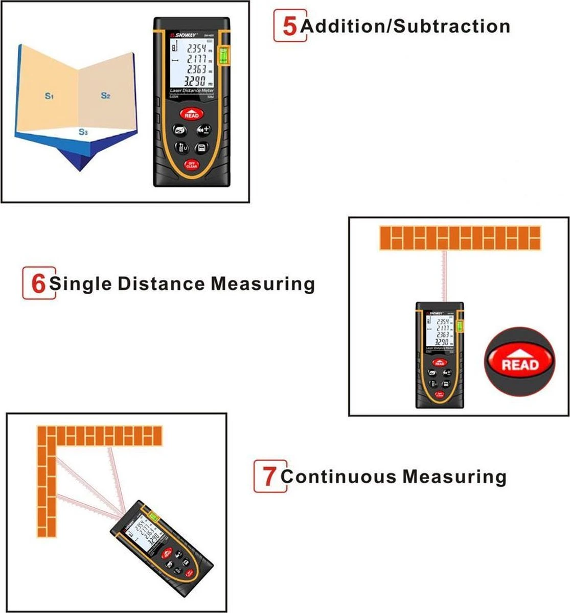 Sndway Professionele Laser Afstandsmeter - 50 Meter Bereik - Incl. Batterijen 8 Sndway Professionele Laser Afstandsmeter - 50 Meter Bereik - Incl. Batterijen - Afbeelding 6
