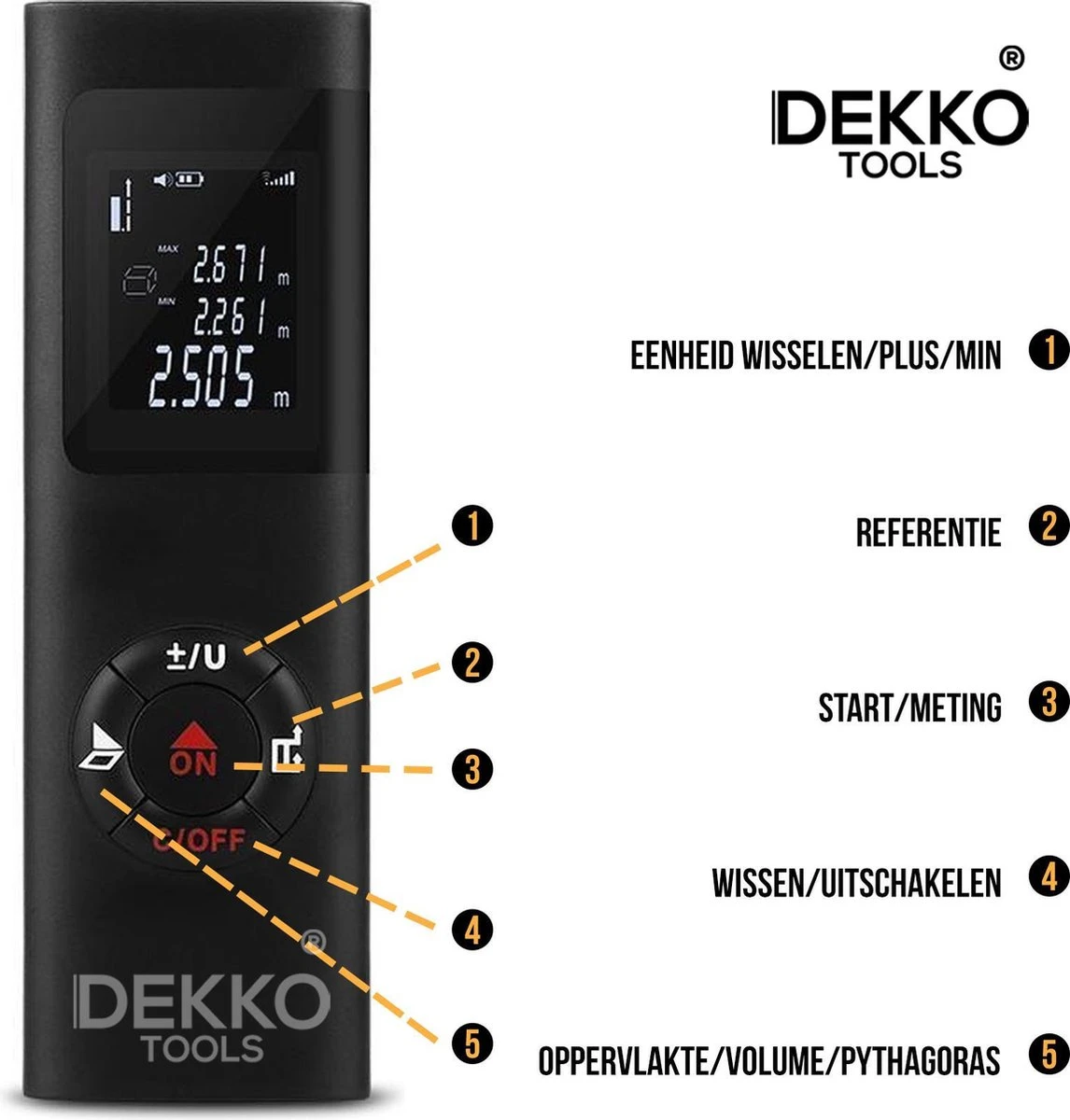 Dekko Tools Professionele Laser Afstandsmeter - 40 Meter Bereik - USB Oplader 5 Dekko Tools Professionele Laser Afstandsmeter - 40 Meter Bereik - USB Oplader - Afbeelding 3