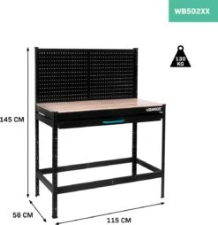 VONROC Duurzaam Rubberhout Werkbank / Werktafel - Met Stalen Gatenwand En Lade – Belastbaar Tot 130kg – Incl. 15-delige Hakenset -Makita Winkel 1165x1200 10