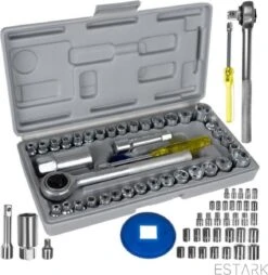 ESTARK® Professionele XL 40-Delige Dopsleutel Set - Met Momentsleutel Ratel & Verlengstuk - Doppenset Doppendoos Torx/Inbus/Hex/Kruiskop/Philips Bit Doppen Set - Ratelset - Met Snelwisselsysteem - 1/4" & 1/2" Inch Doppenset