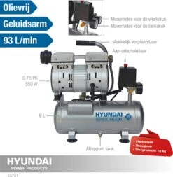 Hyundai Stille 59dB Compressor 6 Liter - 8 BAR Olievrij Low Noise - 'Super Silent’ -Makita Winkel 1172x1200