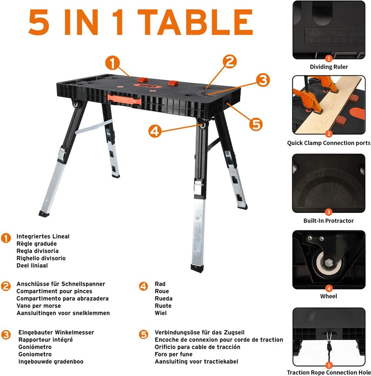 FUXTEC Werkbank - 5in1 - Universele Werkbank, Werkplatform, Steiger, Zaagbok, Transportrol En Werkplaatsrolbord In één - FX-WB 6 FUXTEC Werkbank - 5in1 - Universele Werkbank, Werkplatform, Steiger, Zaagbok, Transportrol En Werkplaatsrolbord In één - FX-WB - Afbeelding 4
