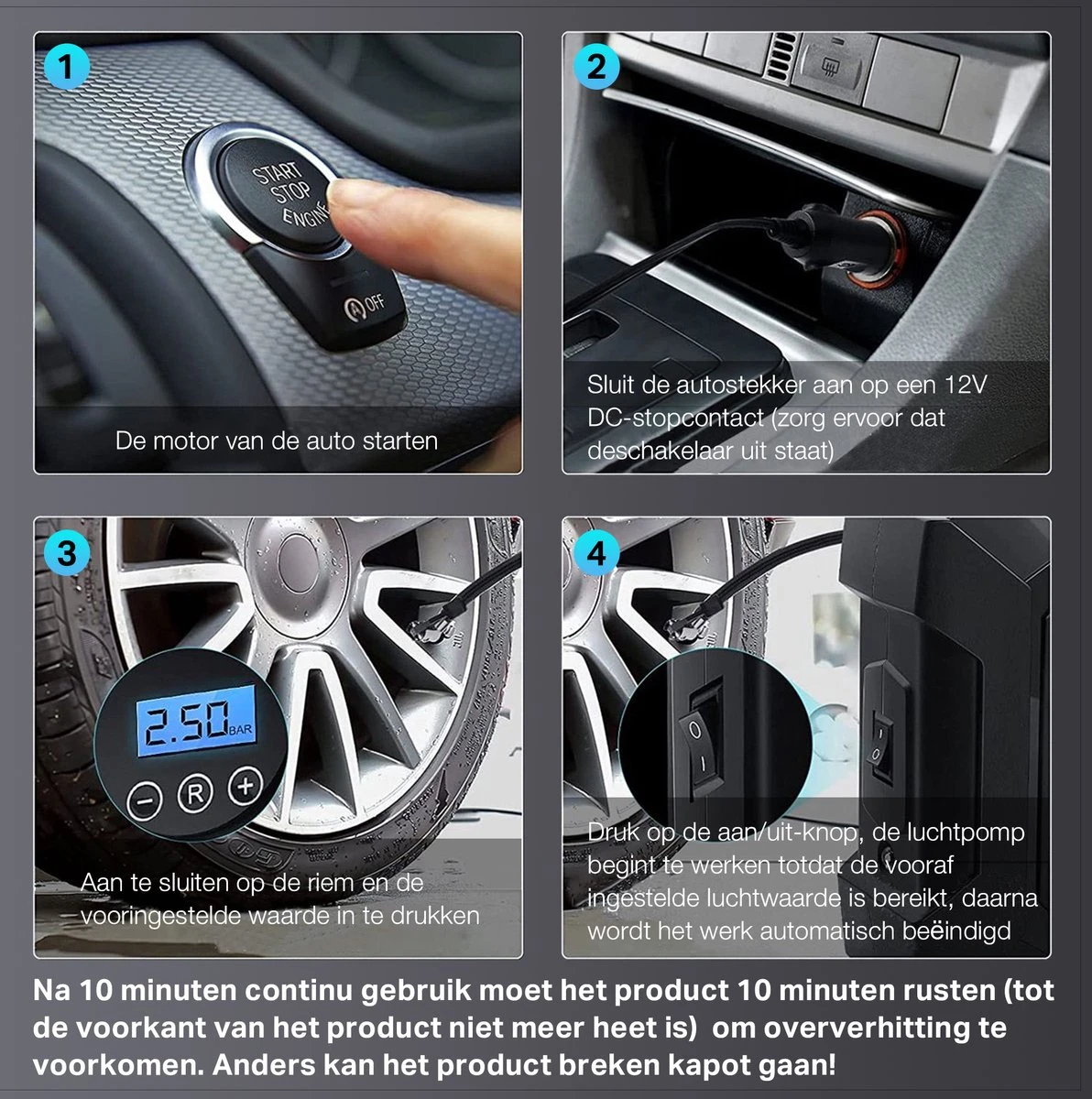 TRANSNECT Compressor Bandenpomp – Luchtcompressor – Elektrische 12V - 30 L/Min – 100psi - Draagbaar - Voor Auto, Fiets, Motorfiets 4 TRANSNECT Compressor Bandenpomp – Luchtcompressor – Elektrische 12V - 30 L/Min – 100psi - Draagbaar - Voor Auto, Fiets, Motorfiets - Afbeelding 2