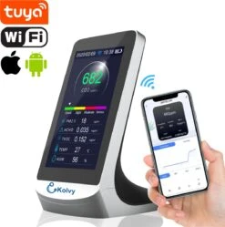 Kolvy® CO2 Meter Met App - Slimme Luchtvochtigheidsmeter - Horeca - Binnen - NDIR Sensor - Fijnstofmeter - Hygrometer - Luchtkwaliteitsmeter - NIEUW - 8 Metingen - WiFi - Oplaadbaar & Draagbaar