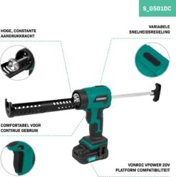 VONROC Accu Kitspuit 20V - Duwkracht 1.18kN/120kg - Met Variabele Snelheidsregeling - Geschikt Voor Alle Gangbare Kitpatronen - Incl. 2.0Ah Accu En Snellader -Makita Winkel 1197x1200 39
