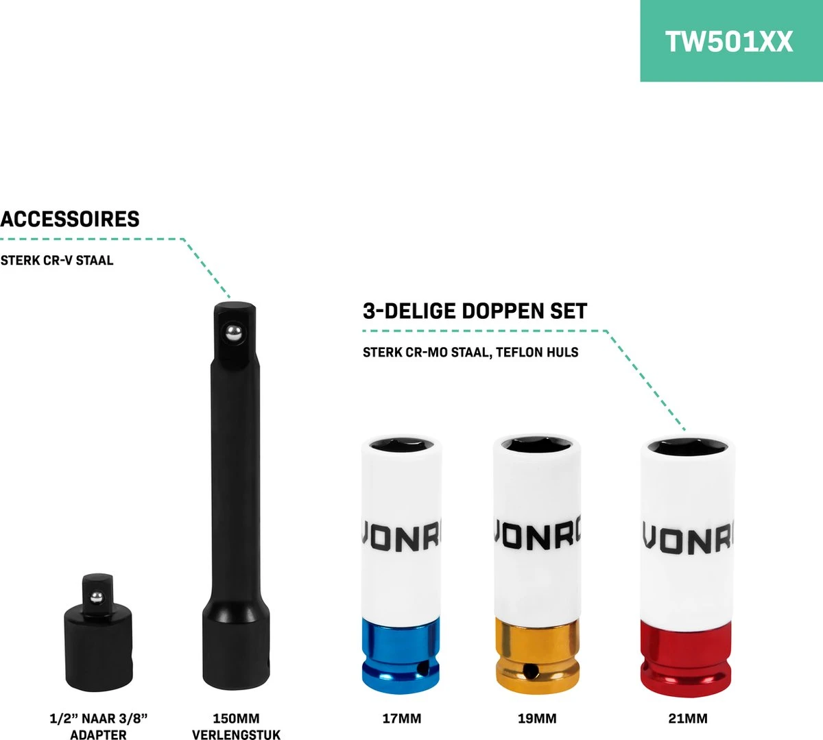 VONROC Momentsleutel ½” – 470mm – 28-210Nm – Incl. 3-delige Doppenset, Verlengstuk En Verloopstuk/adapter 7 VONROC Momentsleutel ½” – 470mm – 28-210Nm – Incl. 3-delige Doppenset, Verlengstuk En Verloopstuk/adapter - Afbeelding 5