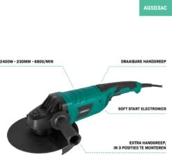 VONROC Haakse Slijper 2400W – 230mm – Soft Start – Draaibare Handgreep – Incl. Extra Handgreep En 3m Rubberen Kabel -Makita Winkel 1200x1081 1