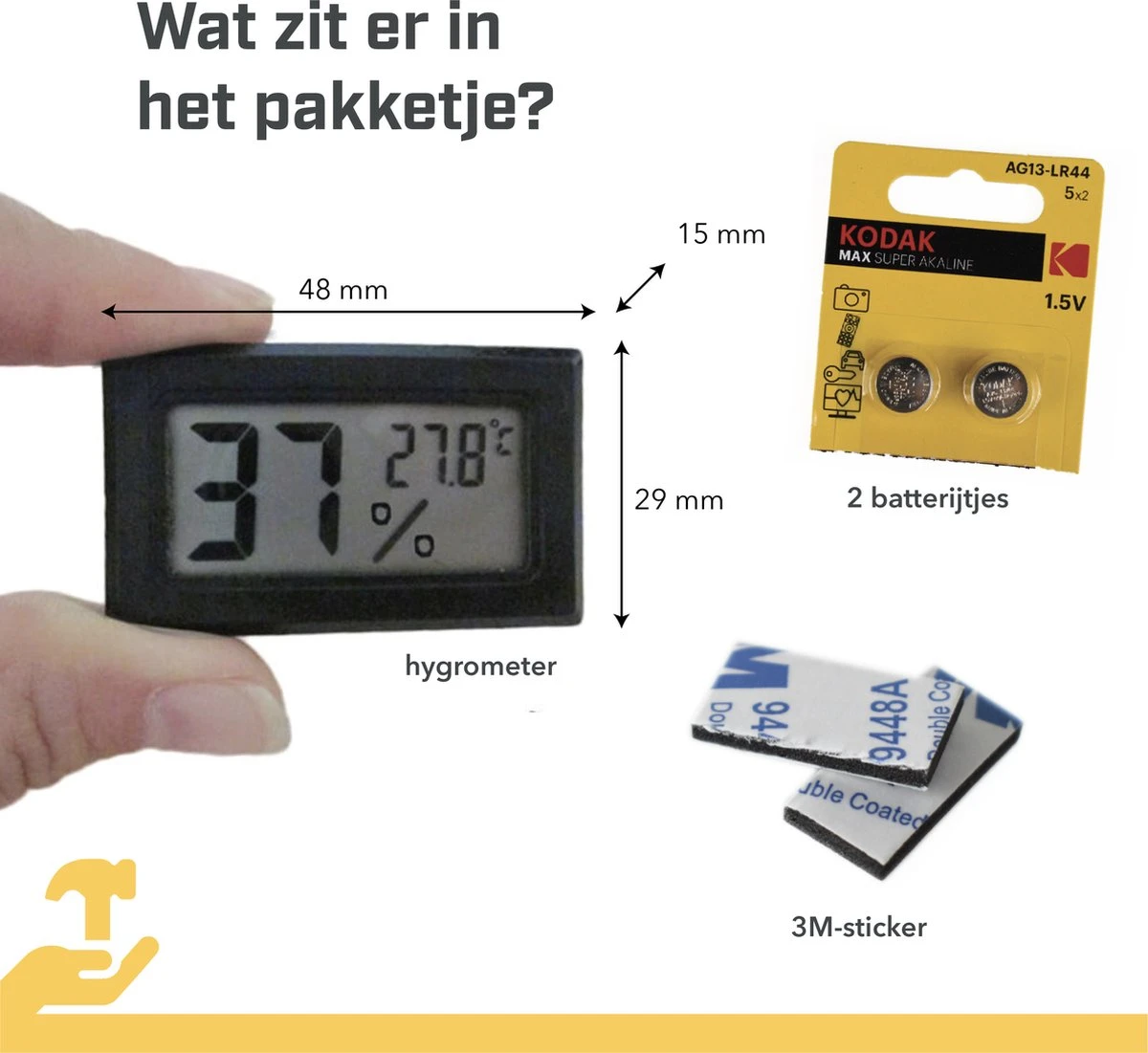 Tool Meister TM1 – Hygrometer & Thermometer - Binnen/Buiten/Koelkast – Digitaal -Zwart - Incl Batterijen 5 Tool Meister TM1 – Hygrometer & Thermometer - Binnen/Buiten/Koelkast – Digitaal -Zwart - Incl Batterijen - Afbeelding 3