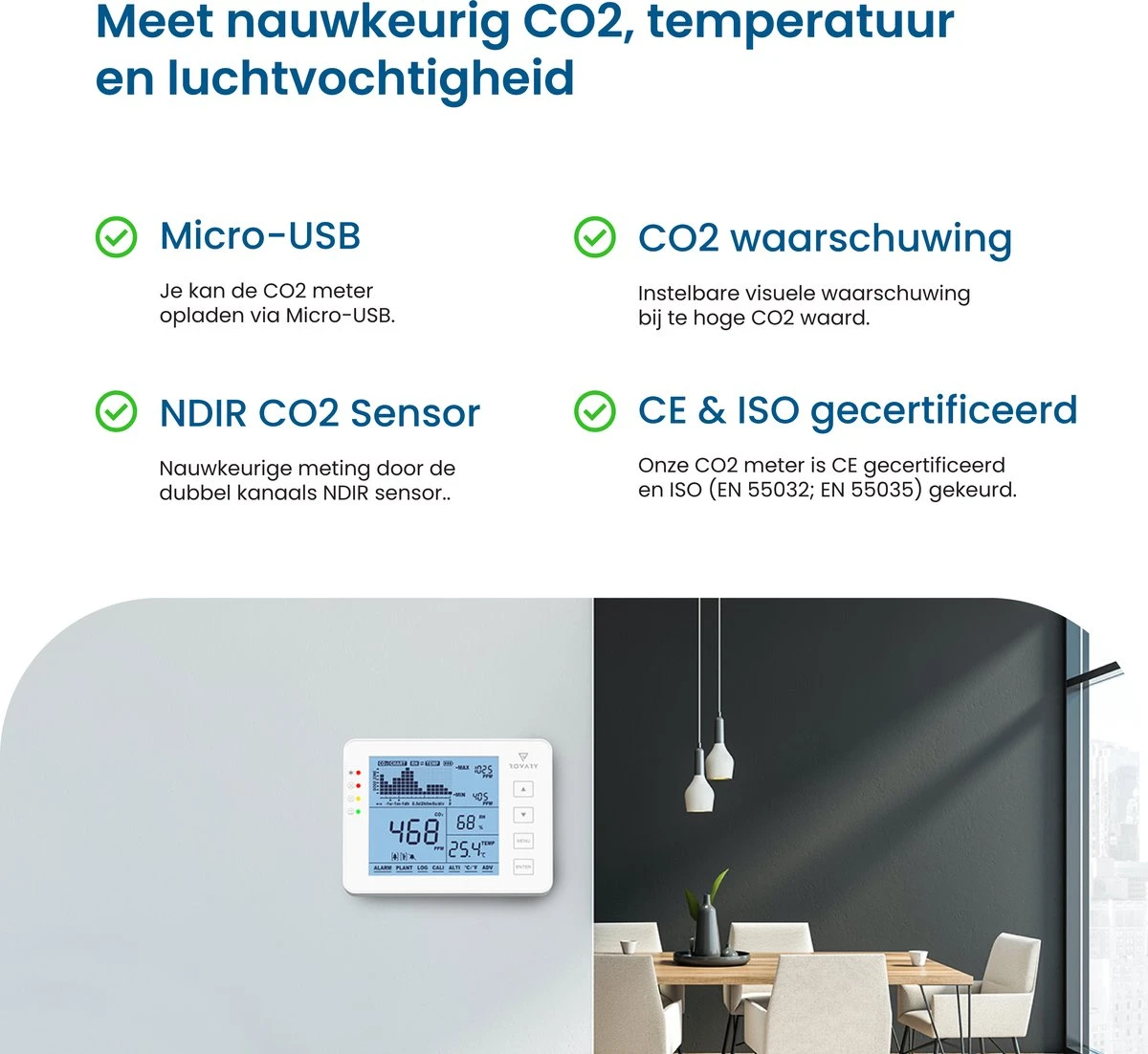 Rovary RV2000P CO2 Meter & Hygrometer - CO2 Melder En Monitor Binnen - Inclusief E-book - Luchtkwaliteitsmeter – Draagbaar En Oplaadbaar – Met Alarm 4 Rovary RV2000P CO2 Meter & Hygrometer - CO2 Melder En Monitor Binnen - Inclusief E-book - Luchtkwaliteitsmeter – Draagbaar En Oplaadbaar – Met Alarm - Afbeelding 2