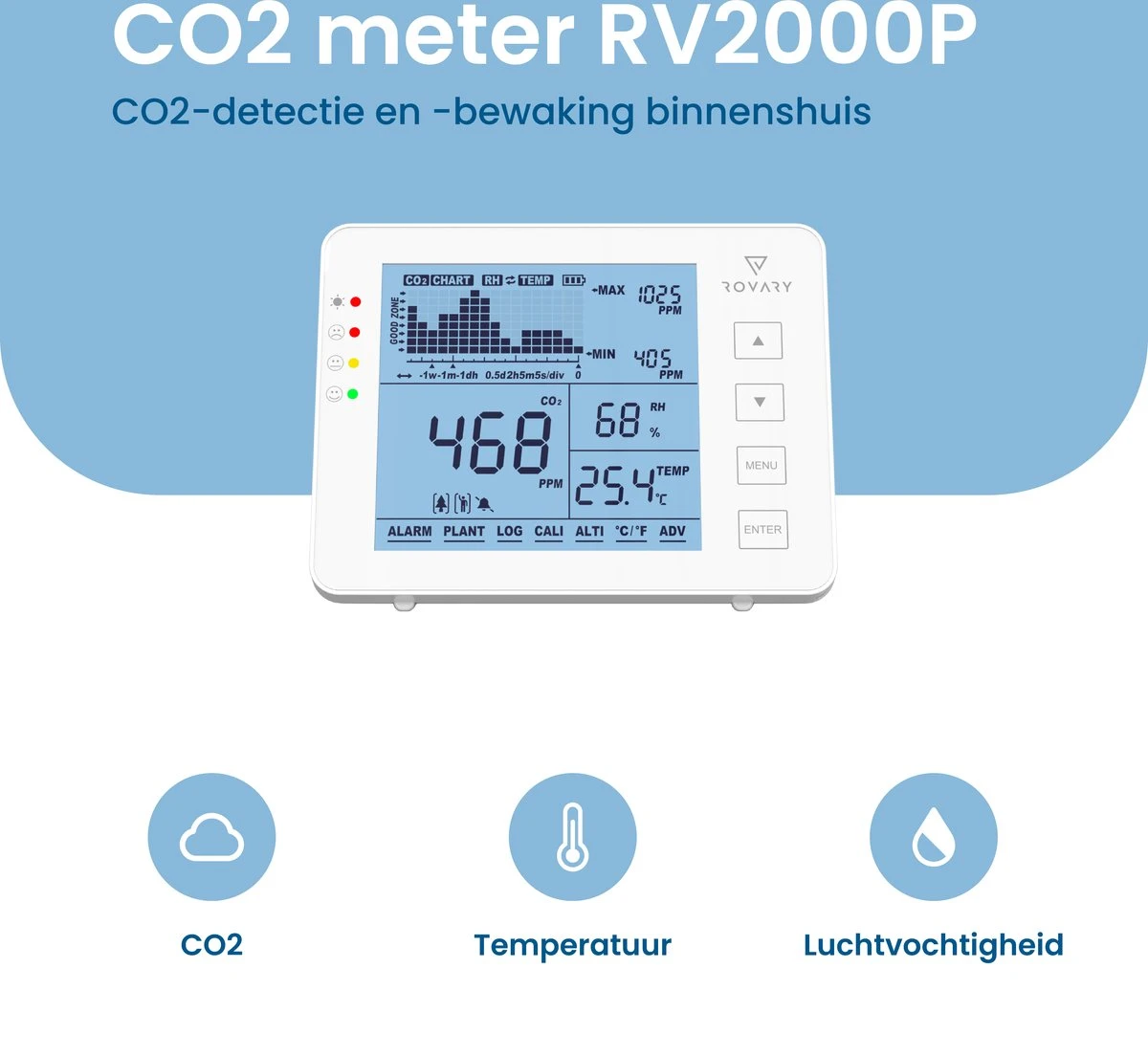 Rovary RV2000P CO2 Meter & Hygrometer - CO2 Melder En Monitor Binnen - Inclusief E-book - Luchtkwaliteitsmeter – Draagbaar En Oplaadbaar – Met Alarm 11 Rovary RV2000P CO2 Meter & Hygrometer - CO2 Melder En Monitor Binnen - Inclusief E-book - Luchtkwaliteitsmeter – Draagbaar En Oplaadbaar – Met Alarm - Afbeelding 9