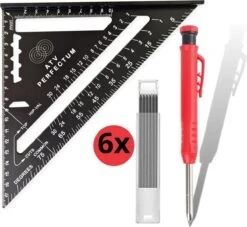 Winkelhaak Set - Incl. Markeerpotlood + 6 Navullingen - Blokhaak - Zwaaihaak - Schrijfhaak - Speed Square - Metalen Winkelhaak - 5 In 1 Winkelhaak