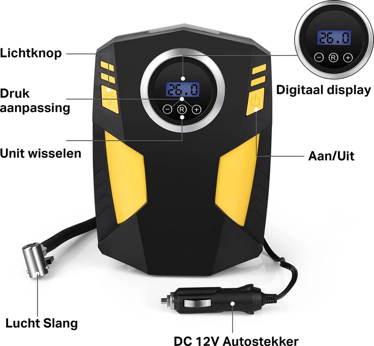 TRANSNECT Compressor Bandenpomp – Luchtcompressor – Elektrische 12V - 35 L/Min - 100psi - Draagbaar - Voor Auto, Motorfiets 5 TRANSNECT Compressor Bandenpomp – Luchtcompressor – Elektrische 12V - 35 L/Min - 100psi - Draagbaar - Voor Auto, Motorfiets - Afbeelding 3