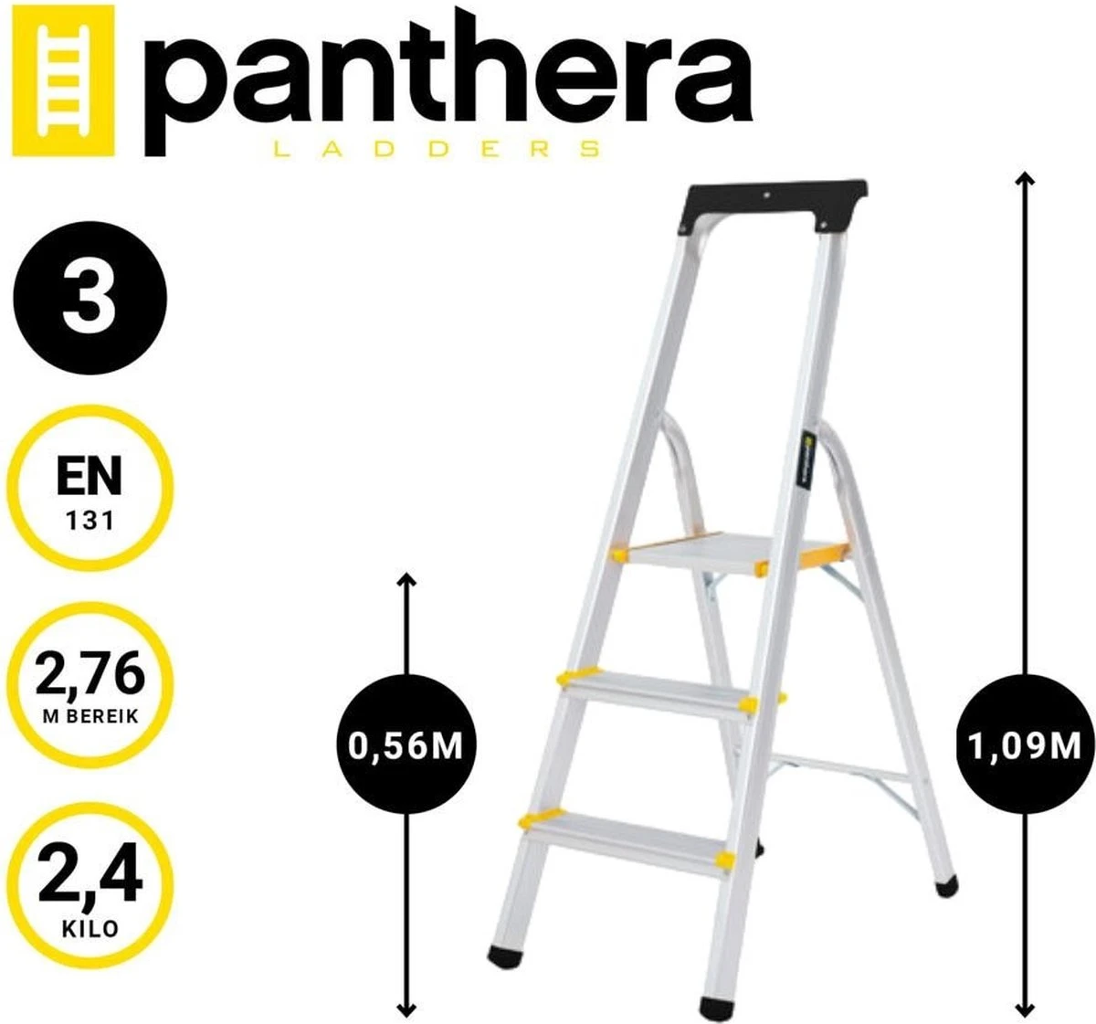 Panthera Huishoudtrap - Keukentrap 3 Treden - Aluminium - Max Werkhoogte: 2.56 Meter - Voor Particulier En Professioneel Gebruik 4 Panthera Huishoudtrap - Keukentrap 3 Treden - Aluminium - Max Werkhoogte: 2.56 Meter - Voor Particulier En Professioneel Gebruik - Afbeelding 2