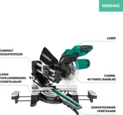 VONROC Compacte Afkortzaag - Kapzaag - Verstekzaag 2200W - Ø216mm – 5200 /min – Demonteerbare Verstekarm - Trekfunctie - Verstelbare Tafelverbreders – Kantelbaar (0-45°) – Lengtestop – Diepteregeling - Laser & LED – Incl. Zaagblad & Werkstukklem -Makita Winkel 1200x1129 1