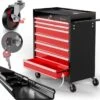 Timbertech - Afsluitbare Werkplaatswagen Op Wielen Met Parkeerrem - Exclusief Gereedschappen - 7 Laden Met Inleg - Gereedschapswagen - Montagewagen - Trolley Voor Diverse Gereedschappen - Staal - Rood/Zwart