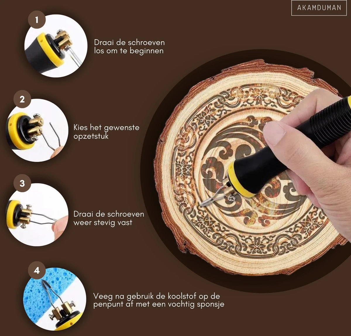 Akamduman Houtbrander Set Voor Pyrografie - 23 Opzetstukken + 2 Soldeerbouten, Inclusief Tas En Temperatuur Instelbaar 9 Akamduman Houtbrander Set Voor Pyrografie - 23 Opzetstukken + 2 Soldeerbouten, Inclusief Tas En Temperatuur Instelbaar - Afbeelding 7