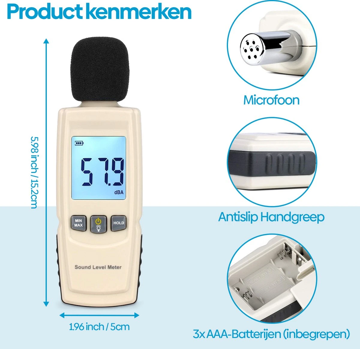 Benetech Decibelmeter - Incl. Batterijen - Geluidsmeter - Db Meter - 30 Tot 130 Db - Digitaal 4 Benetech Decibelmeter - Incl. Batterijen - Geluidsmeter - Db Meter - 30 Tot 130 Db - Digitaal - Afbeelding 2