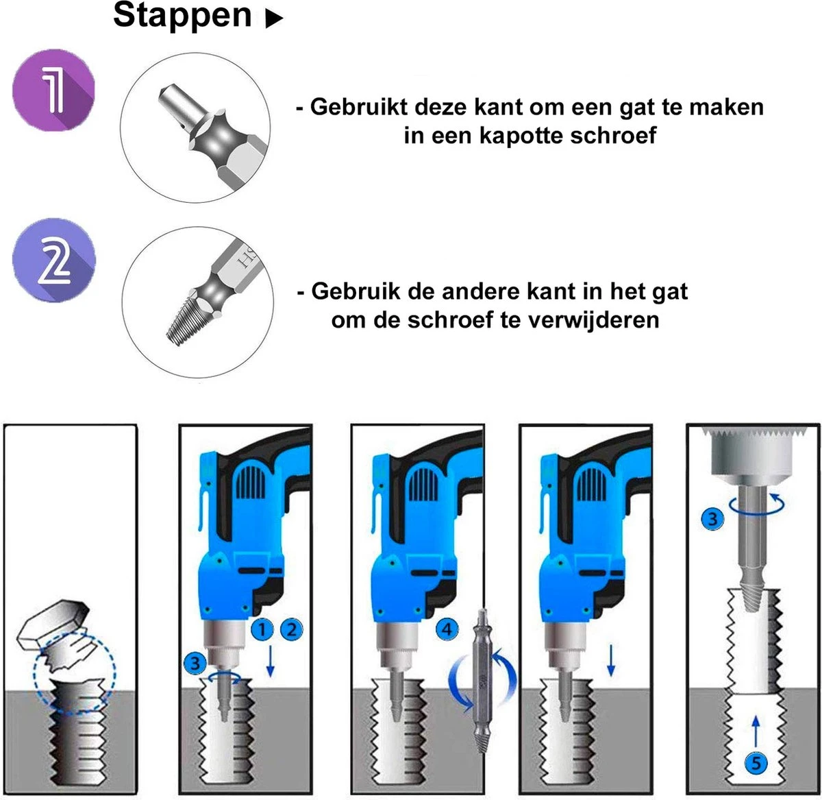 Schroefverwijderaar - Schroef Verwijder Set - Uitboorset 4-delig - HSS 4341 Set - Borenset Bitset 8 Schroefverwijderaar - Schroef Verwijder Set - Uitboorset 4-delig - HSS 4341 Set - Borenset Bitset - Afbeelding 6