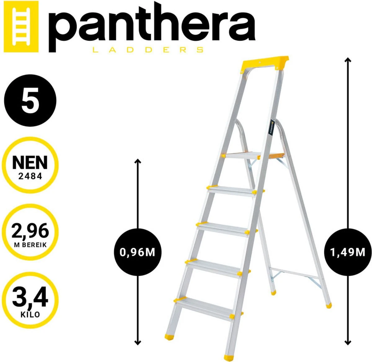 Panthera Huishoudtrap - Keukentrap 5 Treden - Aluminium - Max Werkhoogte: 2.96 Meter - Voor Particulier En Professioneel Gebruik 4 Panthera Huishoudtrap - Keukentrap 5 Treden - Aluminium - Max Werkhoogte: 2.96 Meter - Voor Particulier En Professioneel Gebruik - Afbeelding 2