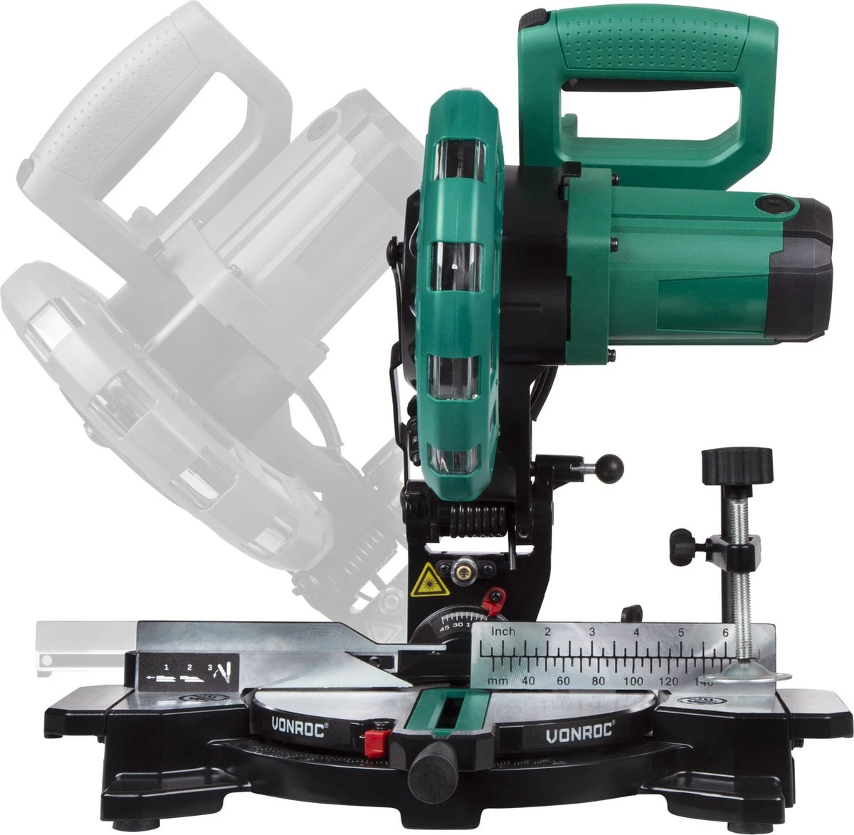VONROC Afkortzaag - Verstekzaag – 1700W – Ø216MM – 4900 /min - Met Laser, Tafelverbreders & Diepteregeling – Incl. Zaagblad En Werkstukklem 4 VONROC Afkortzaag - Verstekzaag – 1700W – Ø216MM – 4900 /min - Met Laser, Tafelverbreders & Diepteregeling – Incl. Zaagblad En Werkstukklem - Afbeelding 2