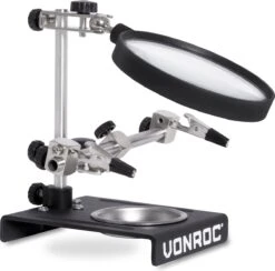 VONROC Derde Hand Met Vergrootglas – Incl. 2 Verstelbare Armen, Zware Voet En Opvang Bakje