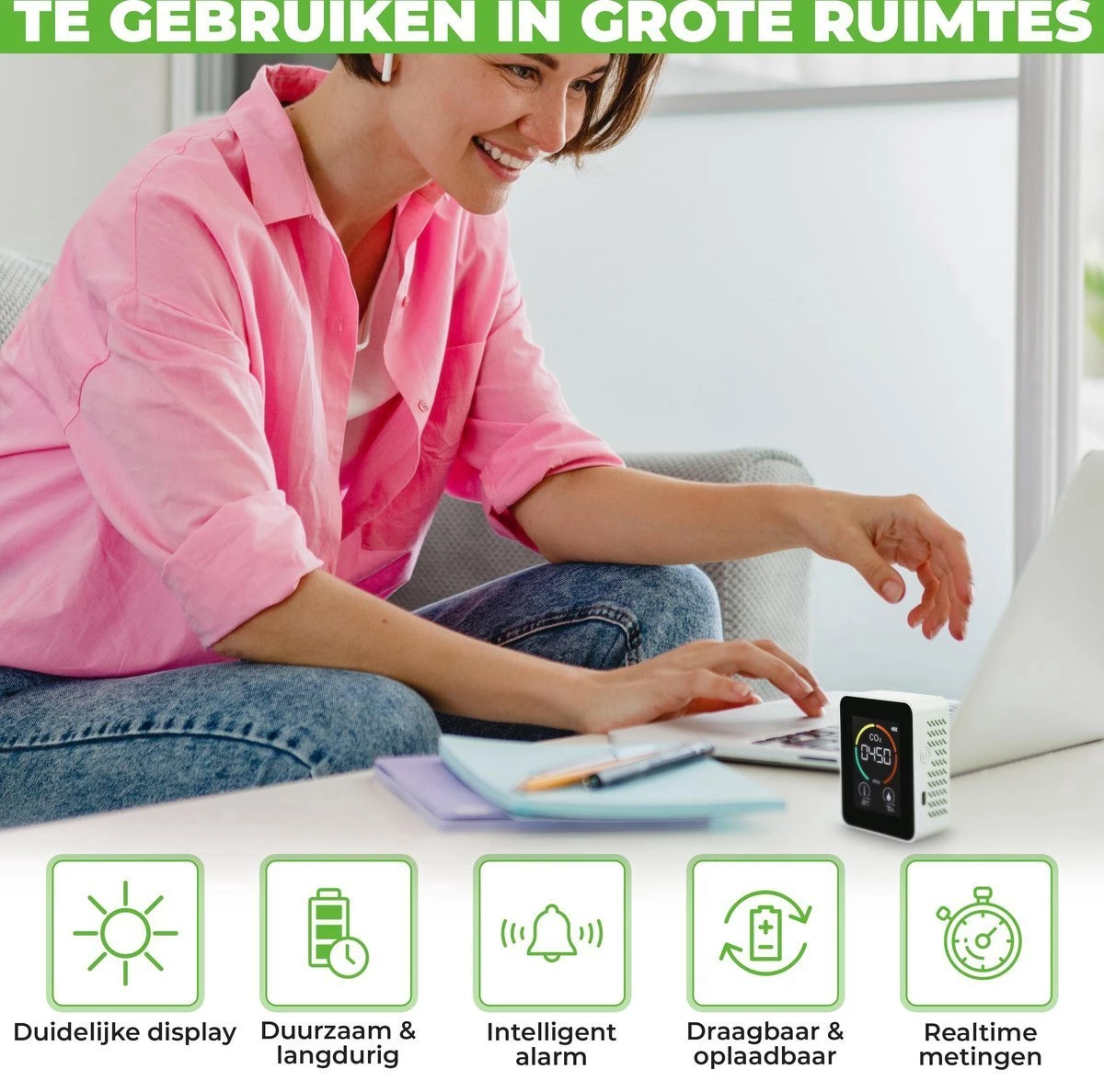Igoods Professionele CO2 Meter - Luchtkwaliteitsmeter - Binnen - CO2 Melder & Monitor - Horeca - Thermometer - CO2 Detector - Koolstofdioxide Meter 9 Igoods Professionele CO2 Meter - Luchtkwaliteitsmeter - Binnen - CO2 Melder & Monitor - Horeca - Thermometer - CO2 Detector - Koolstofdioxide Meter - Afbeelding 7