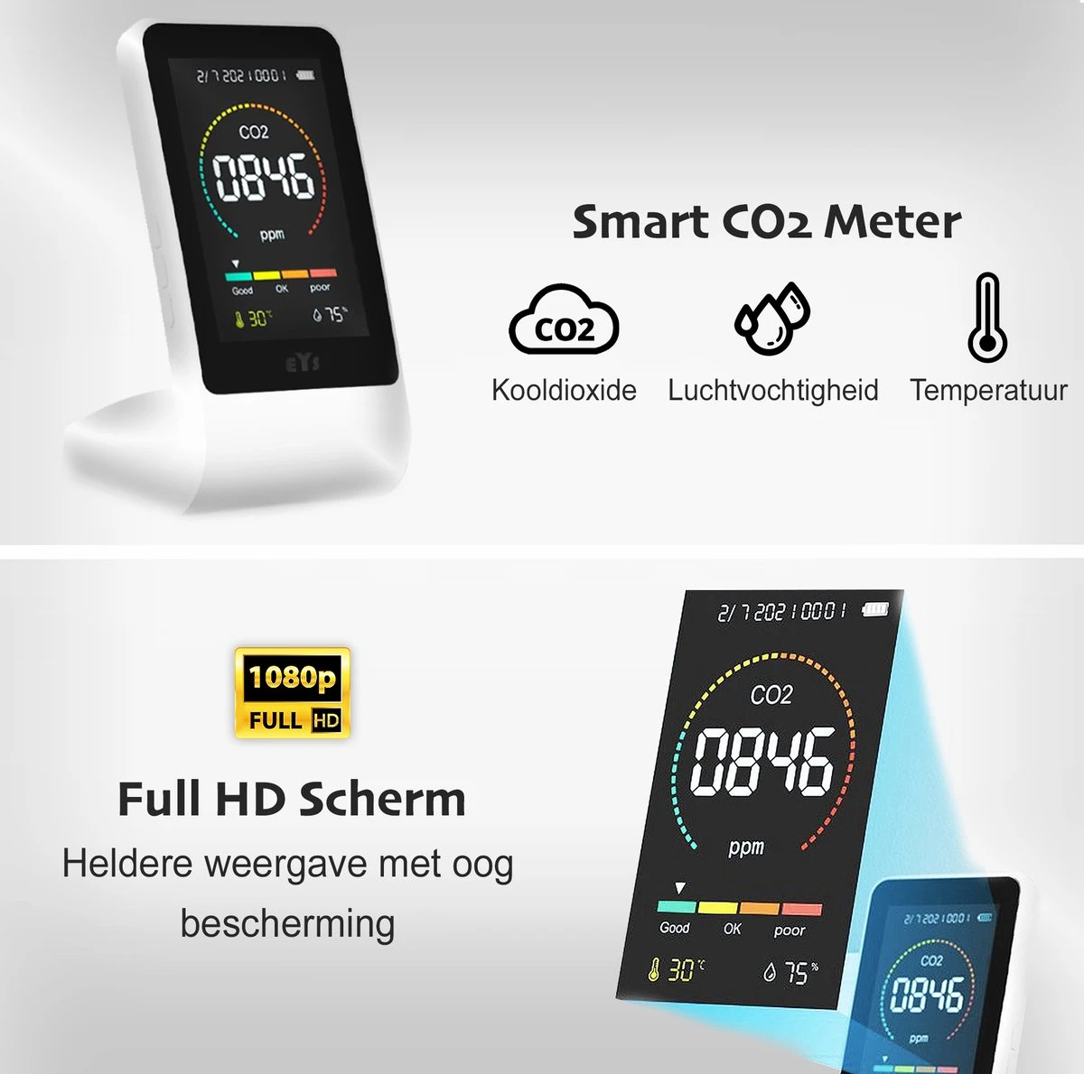 EYSLife® CO2 Meter PRO - Hygrometer Voor Binnen En Buiten – CO2 Melder Met Thermometer & Luchtvochtigheidsmeter – Complete Luchtkwaliteitsmeter 4 EYSLife® CO2 Meter PRO - Hygrometer Voor Binnen En Buiten – CO2 Melder Met Thermometer & Luchtvochtigheidsmeter – Complete Luchtkwaliteitsmeter - Afbeelding 2