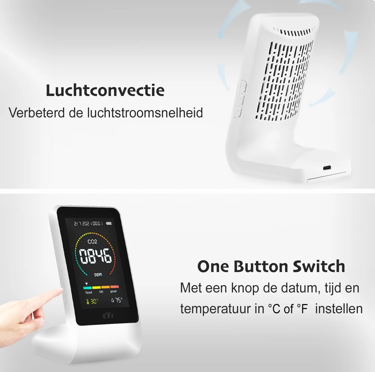 EYSLife® CO2 Meter PRO - Hygrometer Voor Binnen En Buiten – CO2 Melder Met Thermometer & Luchtvochtigheidsmeter – Complete Luchtkwaliteitsmeter 7 EYSLife® CO2 Meter PRO - Hygrometer Voor Binnen En Buiten – CO2 Melder Met Thermometer & Luchtvochtigheidsmeter – Complete Luchtkwaliteitsmeter - Afbeelding 5