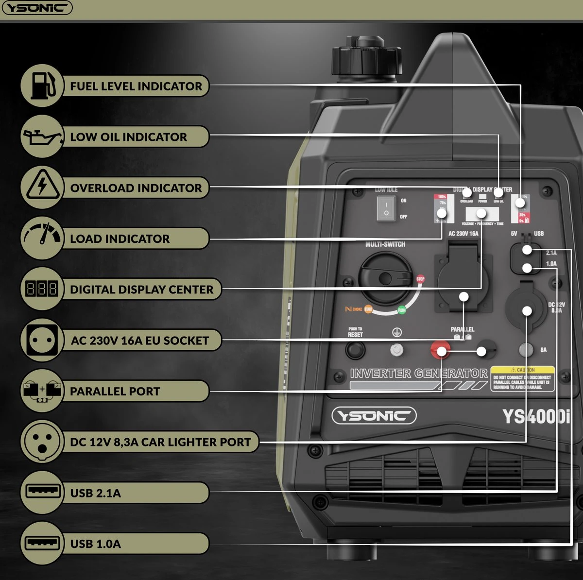 YSONIC YS4000i Inverter Generator - 3.3KW - 230V - 2xUSB - Autolader En Parallel Poort - Fluisterstil 62 DB - Olie En Overload Alarm 5 YSONIC YS4000i Inverter Generator - 3.3KW - 230V - 2xUSB - Autolader En Parallel Poort - Fluisterstil 62 DB - Olie En Overload Alarm - Afbeelding 3