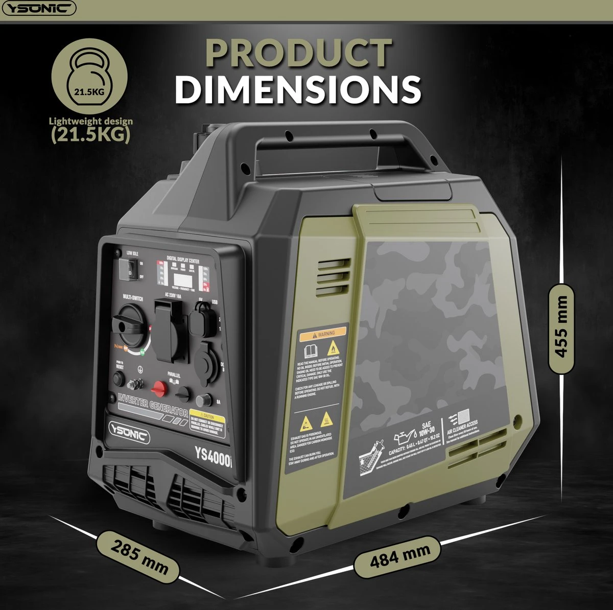 YSONIC YS4000i Inverter Generator - 3.3KW - 230V - 2xUSB - Autolader En Parallel Poort - Fluisterstil 62 DB - Olie En Overload Alarm 8 YSONIC YS4000i Inverter Generator - 3.3KW - 230V - 2xUSB - Autolader En Parallel Poort - Fluisterstil 62 DB - Olie En Overload Alarm - Afbeelding 6