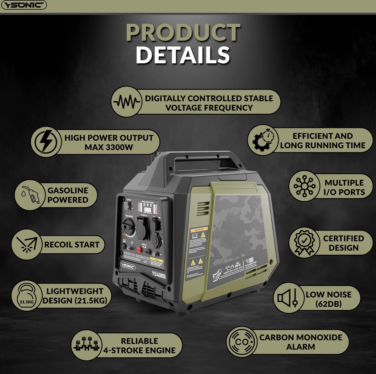 YSONIC YS4000i Inverter Generator - 3.3KW - 230V - 2xUSB - Autolader En Parallel Poort - Fluisterstil 62 DB - Olie En Overload Alarm 4 YSONIC YS4000i Inverter Generator - 3.3KW - 230V - 2xUSB - Autolader En Parallel Poort - Fluisterstil 62 DB - Olie En Overload Alarm - Afbeelding 2