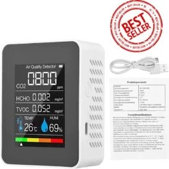 Merkloos Professionele Co2 Meter - Co2 Meter Binnen - Hygrometer - Hygrometer Binnen - CO2 Melder Met Thermometer & Luchtvochtigheidsmeter - 5 In 1