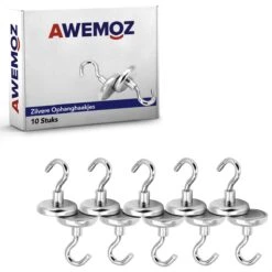 AWEMOZ® Magnetische Ophanghaakjes Zelfklevend - 10 Stuks - Ophanghaken - 15 KG Trekkracht - Zilver