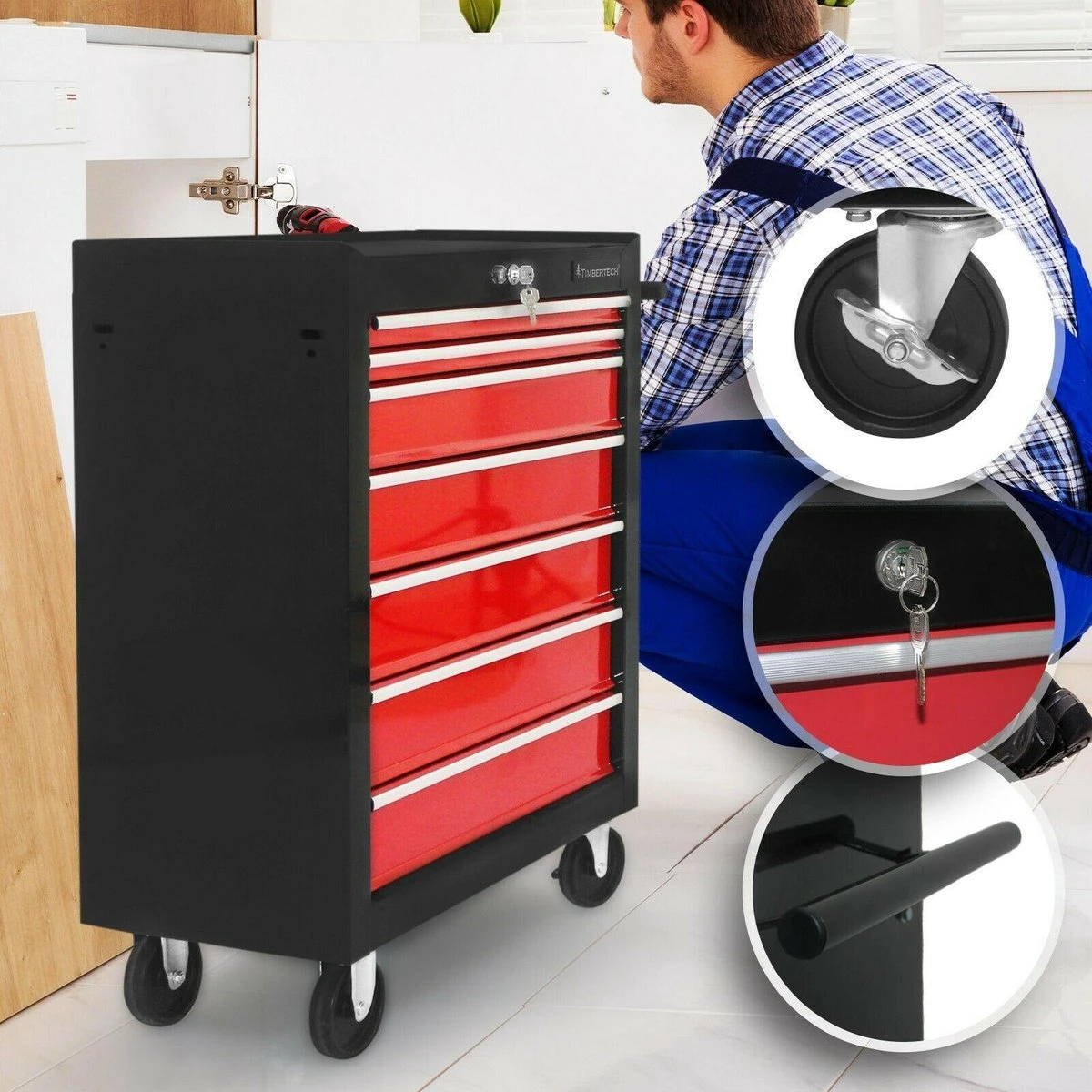 Timbertech - Afsluitbare Werkplaatswagen Op Wielen Met Parkeerrem - Exclusief Gereedschappen - 7 Laden Met Inleg - Gereedschapswagen - Montagewagen - Trolley Voor Diverse Gereedschappen - Staal - Rood/Zwart 8 Timbertech - Afsluitbare Werkplaatswagen Op Wielen Met Parkeerrem - Exclusief Gereedschappen - 7 Laden Met Inleg - Gereedschapswagen - Montagewagen - Trolley Voor Diverse Gereedschappen - Staal - Rood/Zwart - Afbeelding 6