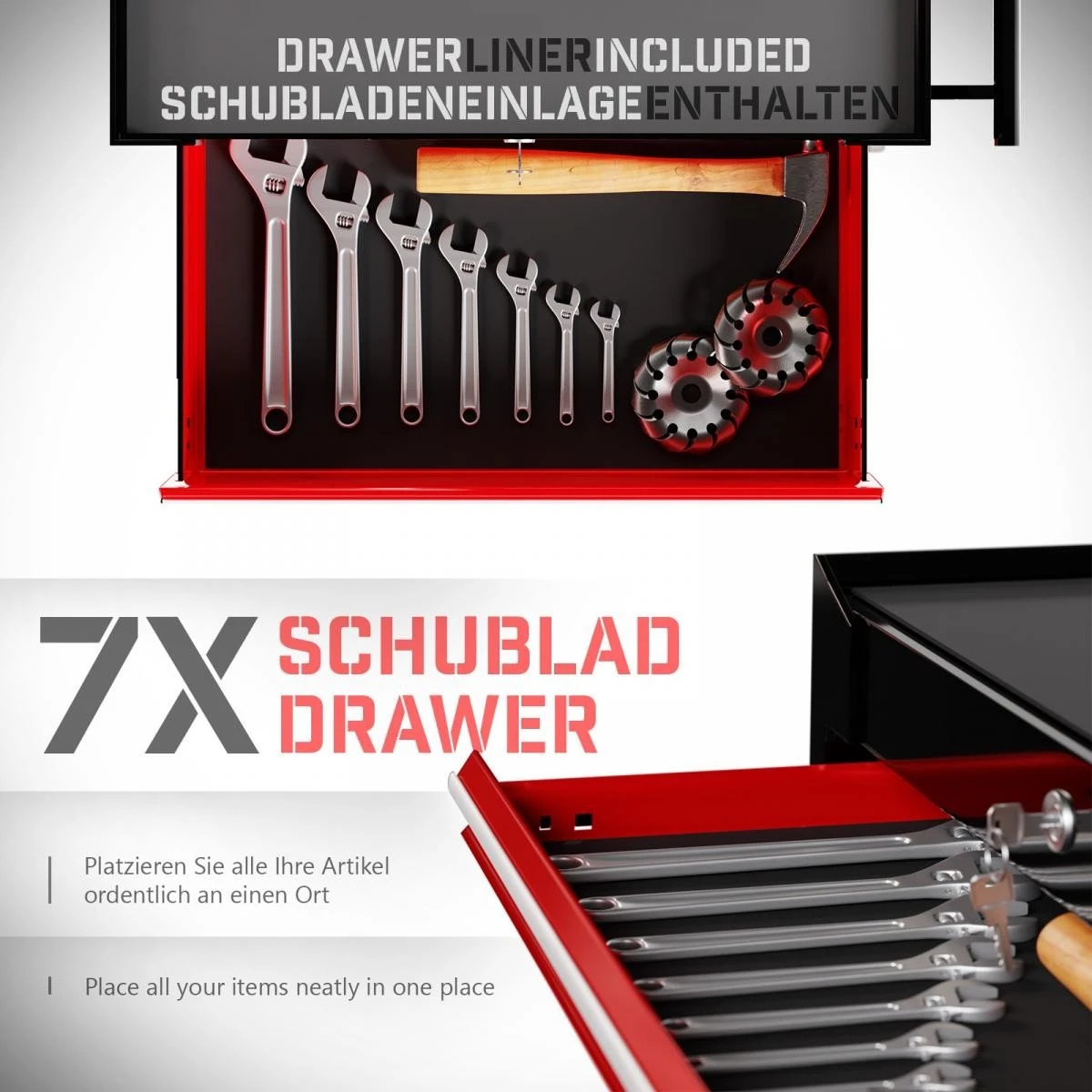 Timbertech - Afsluitbare Werkplaatswagen Op Wielen Met Parkeerrem - Exclusief Gereedschappen - 7 Laden Met Inleg - Gereedschapswagen - Montagewagen - Trolley Voor Diverse Gereedschappen - Staal - Rood/Zwart 10 Timbertech - Afsluitbare Werkplaatswagen Op Wielen Met Parkeerrem - Exclusief Gereedschappen - 7 Laden Met Inleg - Gereedschapswagen - Montagewagen - Trolley Voor Diverse Gereedschappen - Staal - Rood/Zwart - Afbeelding 8