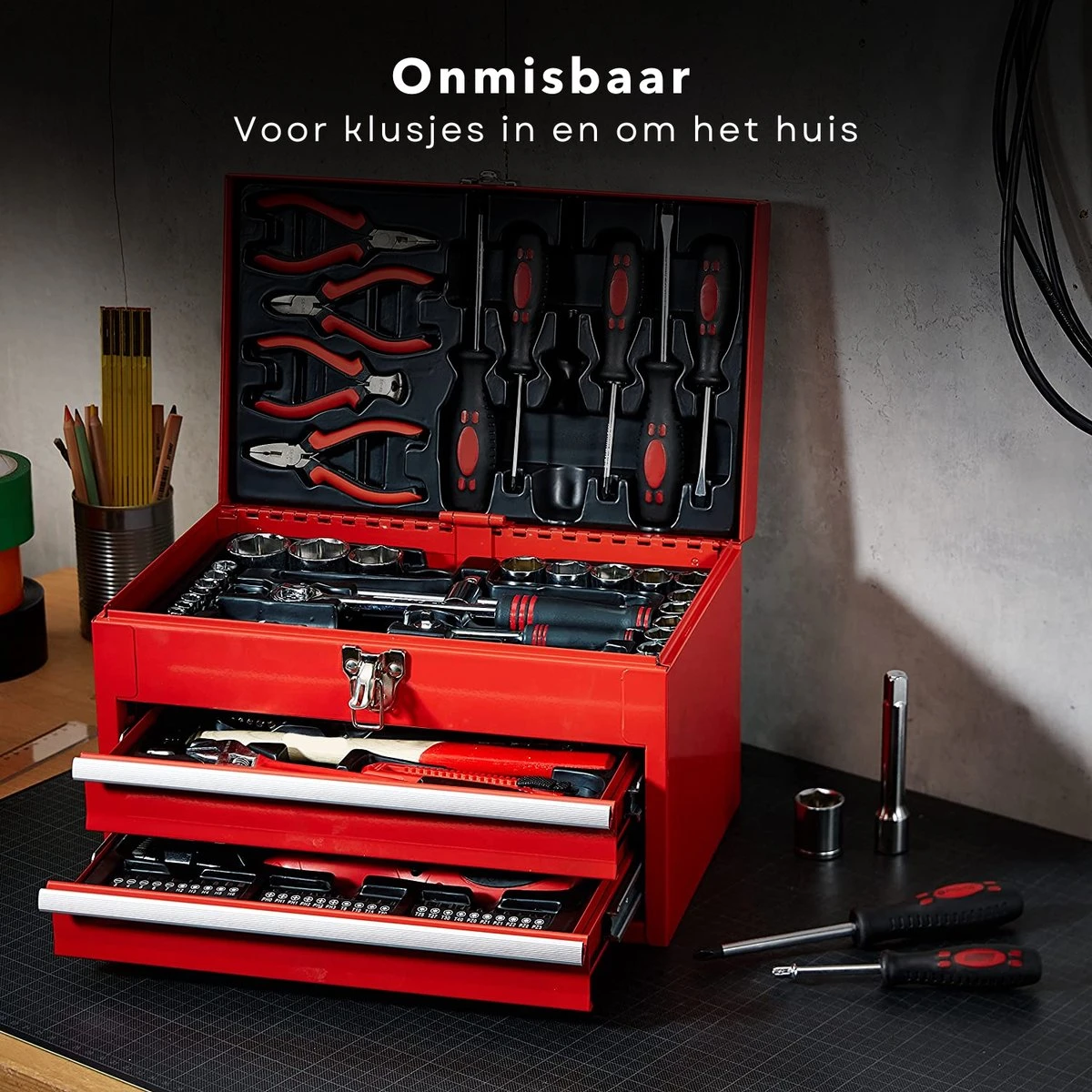 Cheqo® XXL 155-Delige Gereedschapbox - Gereedschapset In Koffer - Gevuld - Tangen - Schroevendraaiers - Gereedschapskist Met Laden - 3,6V Staafschroevendraaier - 1/2" & 1/4" Ratel - Bits, Verlengingen & Adapters 4 Cheqo® XXL 155-Delige Gereedschapbox - Gereedschapset In Koffer - Gevuld - Tangen - Schroevendraaiers - Gereedschapskist Met Laden - 3,6V Staafschroevendraaier - 1/2" & 1/4" Ratel - Bits, Verlengingen & Adapters - Afbeelding 2