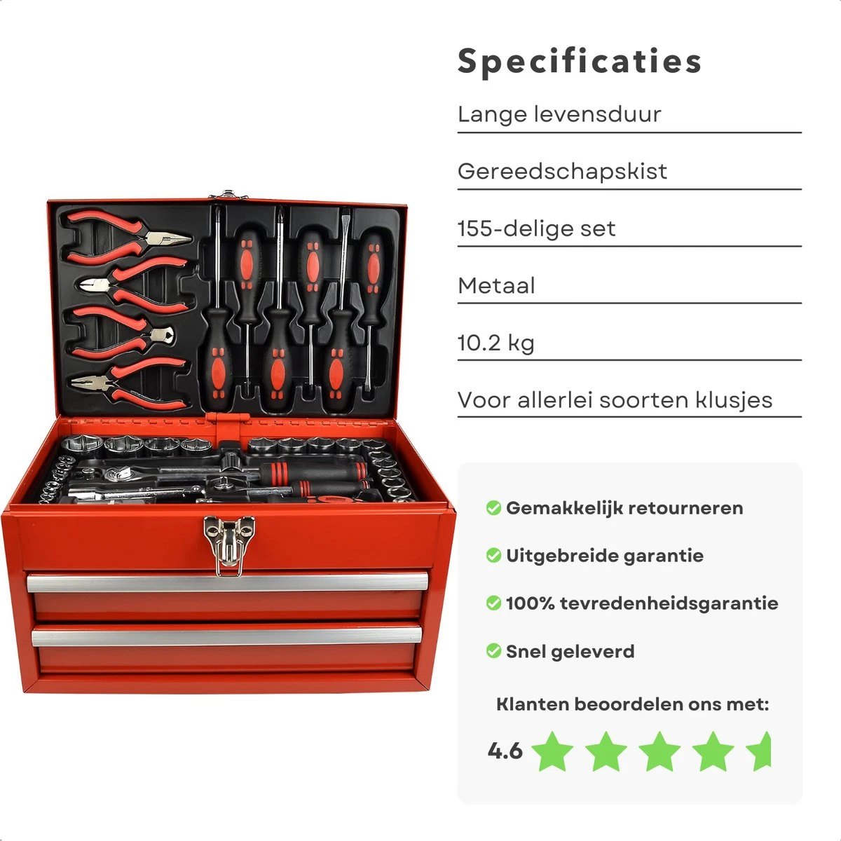 Cheqo® XXL 155-Delige Gereedschapbox - Gereedschapset In Koffer - Gevuld - Tangen - Schroevendraaiers - Gereedschapskist Met Laden - 3,6V Staafschroevendraaier - 1/2" & 1/4" Ratel - Bits, Verlengingen & Adapters 5 Cheqo® XXL 155-Delige Gereedschapbox - Gereedschapset In Koffer - Gevuld - Tangen - Schroevendraaiers - Gereedschapskist Met Laden - 3,6V Staafschroevendraaier - 1/2" & 1/4" Ratel - Bits, Verlengingen & Adapters - Afbeelding 3