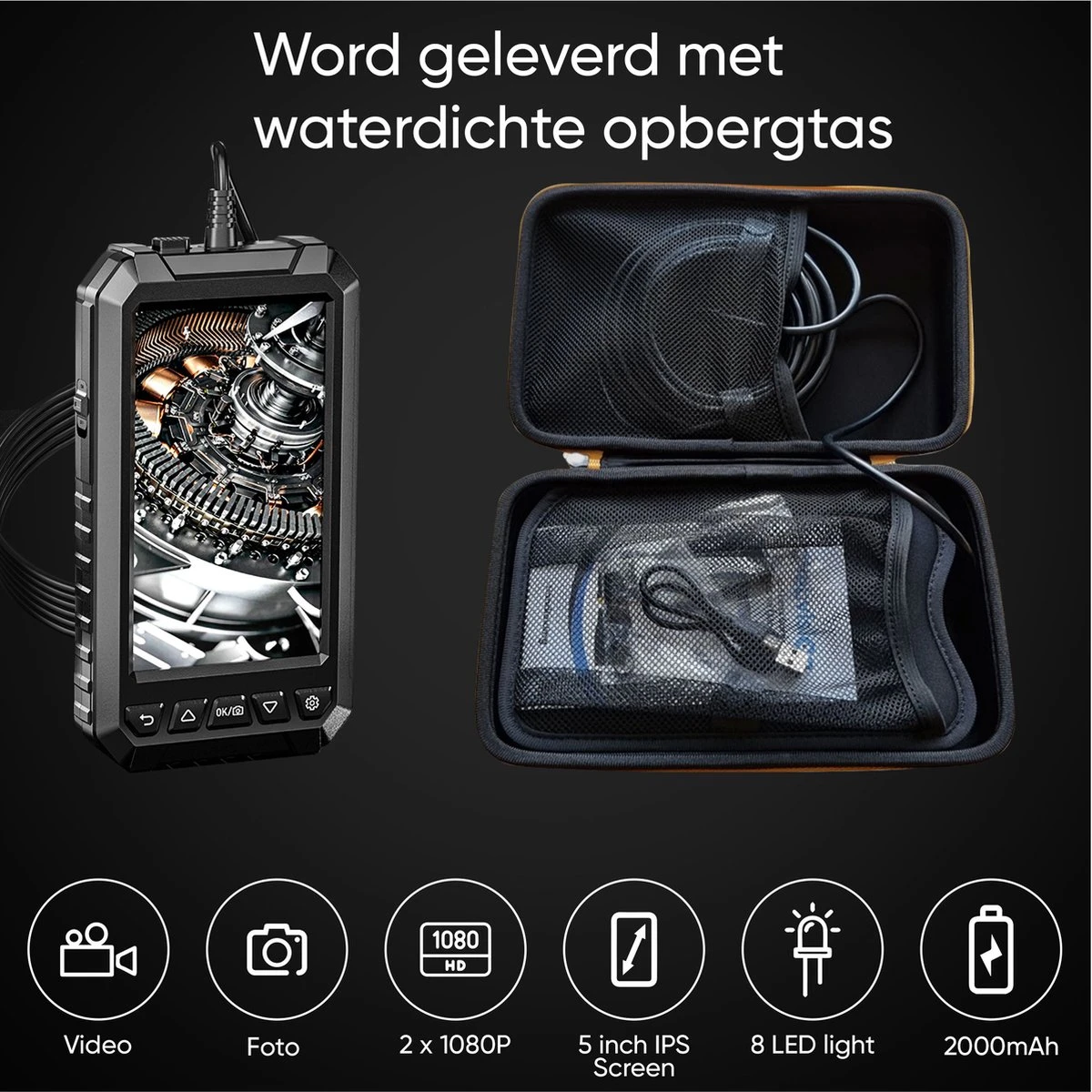 Endoscoop Camera Dual Lens Inspectiecamera 10M – Full HD – 5.0” Scherm – Met Opbergtas - IP68 Waterdicht – Incl. Micro SD Kaart 32GB 7 Endoscoop Camera Dual Lens Inspectiecamera 10M – Full HD – 5.0” Scherm – Met Opbergtas - IP68 Waterdicht – Incl. Micro SD Kaart 32GB - Afbeelding 5