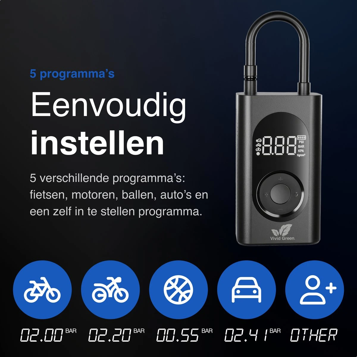 Vivid Green Fietspomp - Elektrische Fietspomp - Bandenpomp - Voetbalpomp - Fietspomp Elektrisch - Bandenspanningsmeter 5 Vivid Green Fietspomp - Elektrische Fietspomp - Bandenpomp - Voetbalpomp - Fietspomp Elektrisch - Bandenspanningsmeter - Afbeelding 3