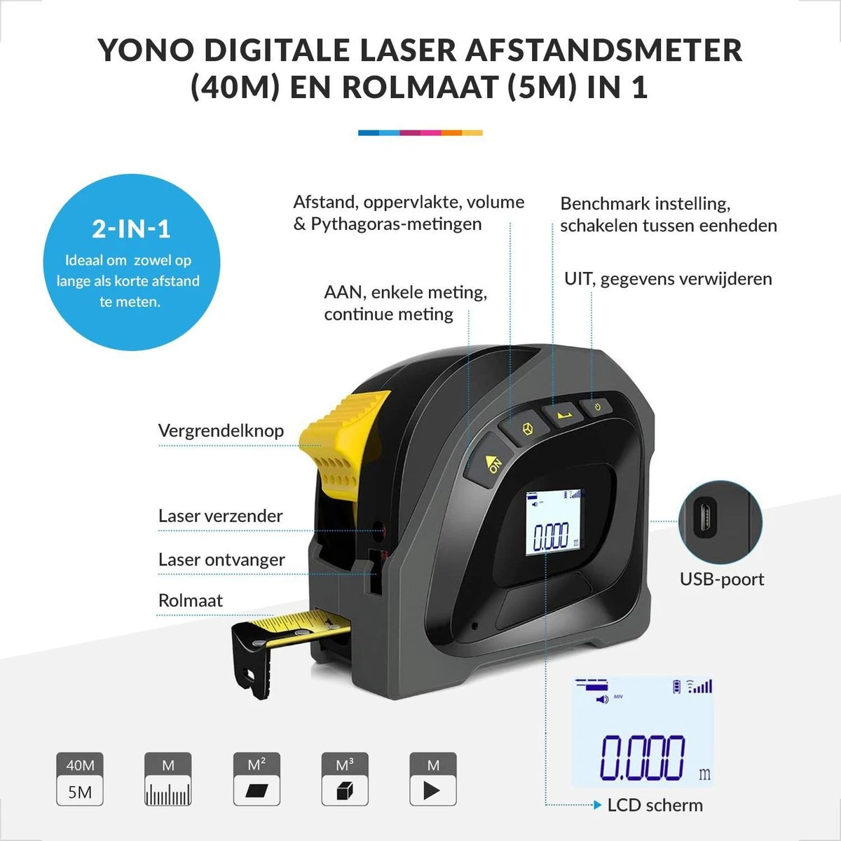 YONO Laser Afstandsmeter - 40 Meter + 5 M Rolmaat 2in1 – Digitaal – Zwart En Geel 4 YONO Laser Afstandsmeter - 40 Meter + 5 M Rolmaat 2in1 – Digitaal – Zwart En Geel - Afbeelding 2