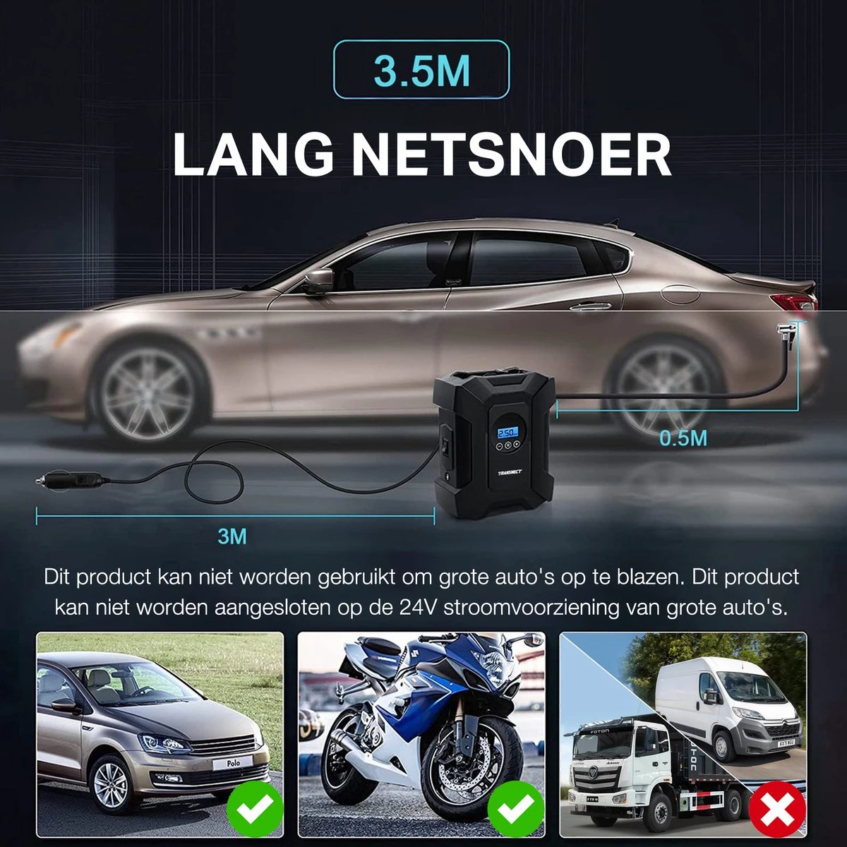 TRANSNECT Compressor Bandenpomp – Luchtcompressor – Elektrische 12V - 30 L/Min – 100psi - Draagbaar - Voor Auto, Fiets, Motorfiets 9 TRANSNECT Compressor Bandenpomp – Luchtcompressor – Elektrische 12V - 30 L/Min – 100psi - Draagbaar - Voor Auto, Fiets, Motorfiets - Afbeelding 7