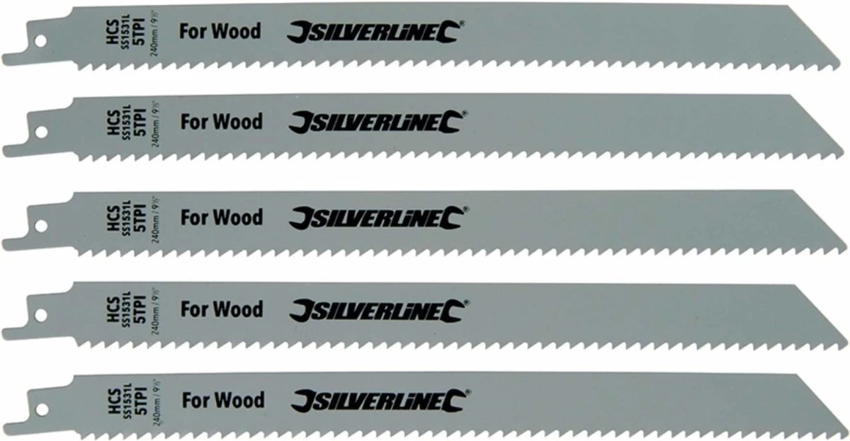 Silverline Reciprozaagbladen Voor Hout, 5 Delig HCS, 5 Tpi, 240 Mm 3 Silverline Reciprozaagbladen Voor Hout, 5 Delig HCS, 5 Tpi, 240 Mm
