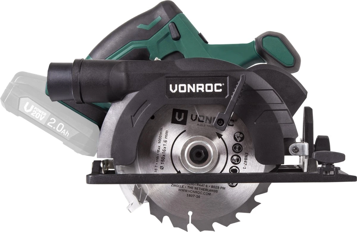 VONROC Accu Cirkelzaag – VPower 20V (zonder Accu & Lader) – Incl. Parallelgeleider & Ø150MM Zaagblad 4 VONROC Accu Cirkelzaag – VPower 20V (zonder Accu & Lader) – Incl. Parallelgeleider & Ø150MM Zaagblad - Afbeelding 2