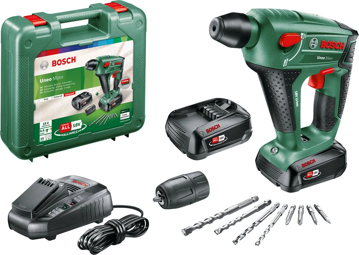Bosch Uneo Maxx Accu Boorhamer - Met 2x 18 V Accu's En Lader - Met Koffer 3 Bosch Uneo Maxx Accu Boorhamer - Met 2x 18 V Accu's En Lader - Met Koffer